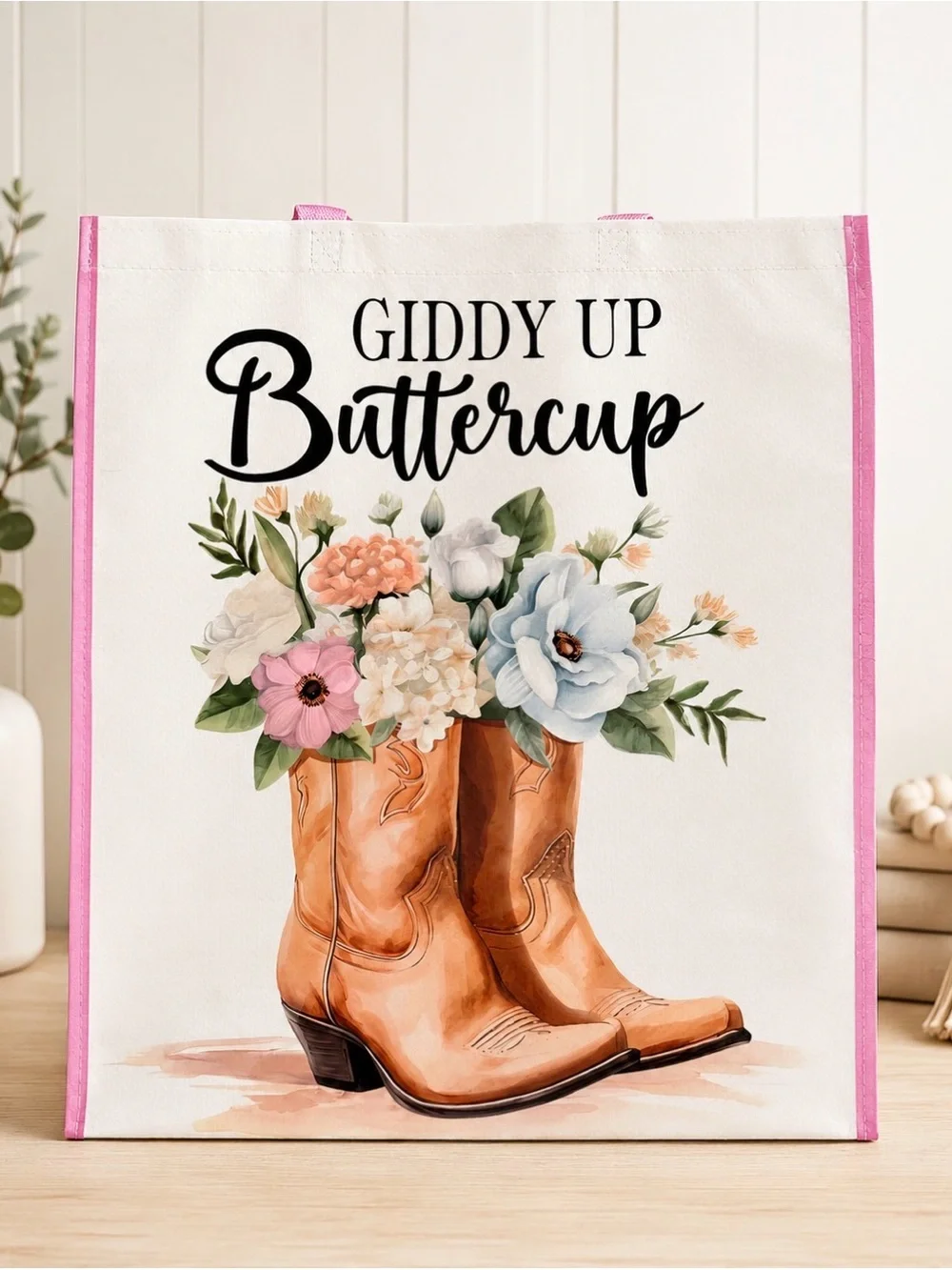 Giddy Up Buttercup Floral Cowboy Tote in Pink and Brown
